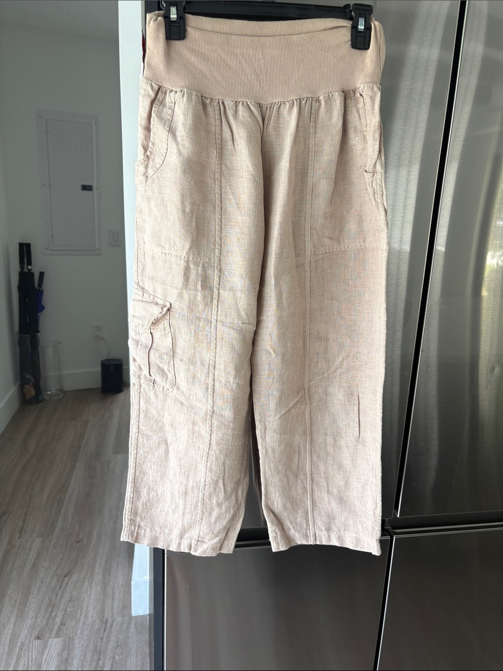 Women's Cropped Wide-Leg pull on cargo style pants in light nude blush/pink.